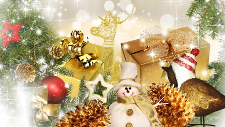 Golden Christmas - decoration, lights, gifts, balls, artwork, snowman