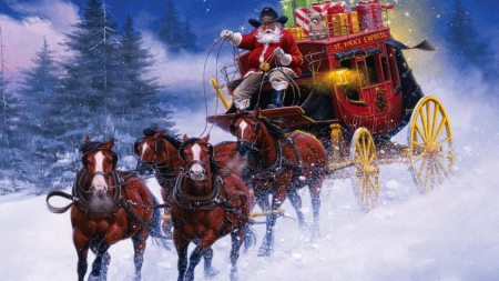 Santa Express - horses, santa, snow, stagecoach, winter, christmas