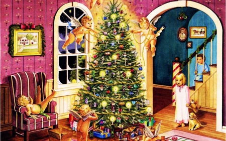 Christmas Evening - armchair, gifts, glitter, lights, artwork, room, children, tree