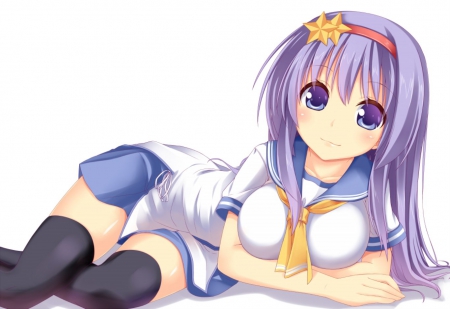 Sweet Girl - pretty, anime, yellow, blue, school, long hair, uniform, purple, cutelady, skirt, beautiful, girl, headband, beauty, lovely, sweet, white, shirt, lady, woman, cute