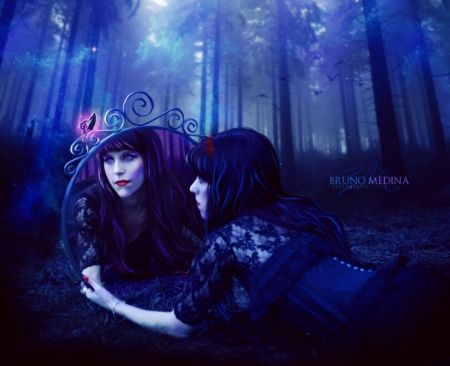 Two Worlds - forest, lady, mirror, fantasy, blue