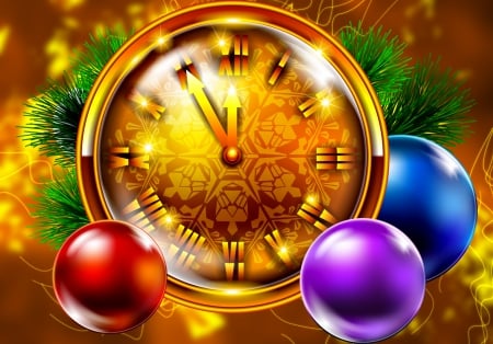 New year background - pretty, branches, winter, decoration, beautiful, balls, clock, lovely, christmas, colorful, holiday, new year, n ice, background