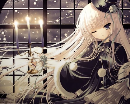 ☢~|Ғℓαмɛ|~☢ - Alone, Cute, Black, Candle, Gothic, Green Eyes, Ribbons, Rose, Serious, Cold, Jacket, Christmas, Hat, Lolita, Trees, Goth, Gosick, Branches, Child, Snow, Snowfall, Nailpaint, Innocent, Blaze, Sweet, Tinkle Artworks, White Hair, Lonely, Night, Curious, Winter, Lovely, Anime, White, Dark, Candles, Long Hair, Flower, Blush, Wink, Victorique de Blois, Dark outfit, Beautiful, Fair Skin, Shiny, Soft, Girl, Window, Frills