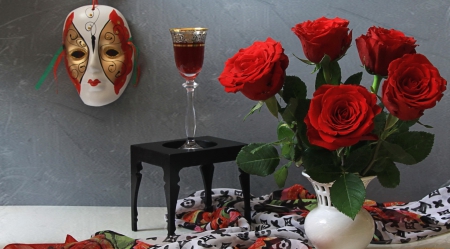 * Still life * - mask, glass, roses, still life, red roses