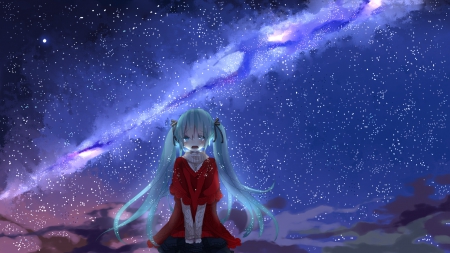 ♥~Ѧɛмσяαвℓɛ Иιɢнт~♥ - Starry Sky, Vocaloid, Cute, Sweet, Purple, Hatsune Miku, Clouds, Night, Dress, Lovely, Green Eyes, Stars, Anime, Yutara, Miku, Long Hair, Ponytail, Red Dress, Red Ribbon, Sky, Memorable Night, Night Sky, Red, Beautiful, Milky Way, Green Hair, World, Girl, Crying, Sad, Scarf, Hatsune