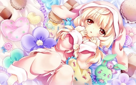 ❀~Tender~❀ - Cute, Purple, Flowers, Golden Eye, Ponytail, Hamburger, Pink Pajama, Biscuits, Kyouko, Innocent, Pink, Candies, Ogiwara, Sweet, Chocolates, Pillow, Rabbit, Bows, Curious, Kona, Heart, Lovely, Bunny, Blanket, Anime, Ribbon, Sleepy, Bunny Outfit, Canaria, Blush, Golden, Blonde, Beautiful, Fair Skin, Pajama, Soft, Girl, Frills, Tender, Cafe Sourire