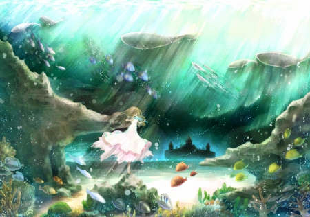 ♪♫ Silent Music ♪♫  - Alone, Sweet, Light, Music, Lonely, Lovely, Brown Hair, Anime, Beauty, Long Hair, Water, Silent, Pink Dress, Violin, Quite, Pink Outfit, Corals, Beautiful, Silence, Orange, Fishes, Rocks, Blue, Girl, Frills, Strange World, Rays, Scenery, Shiroppi, Underwater, Silent Music