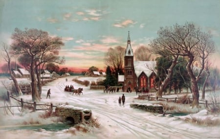 Christmas Morning - winter, village, church, christmas