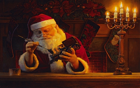 The Finishing Touch - toys, people, santa claus, winter, stockings, christmas, painting, santa, paint, beard, workshop, candlebre