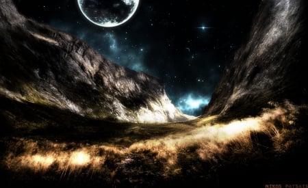 Silent night - mountains, field, planets sky, stars