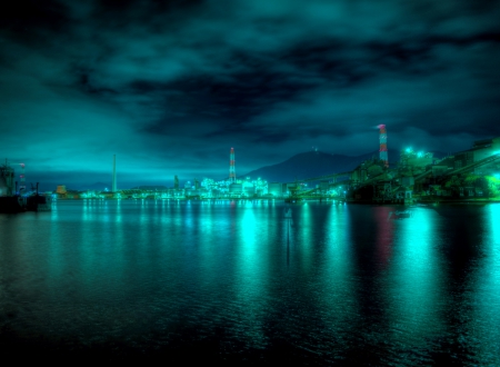 NIGHT CITY LIGHTS - sky, lighthouse, city, buildings, sea, bridge, lights