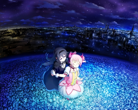 Madoka Magica - pretty, dresses, anime, female, blue, night, light, pink, flowers, purple, field, art, ladies, sky, women, clouds, beautiful, city, beauty, lovely, sweet, girls, black, white, lights, cute