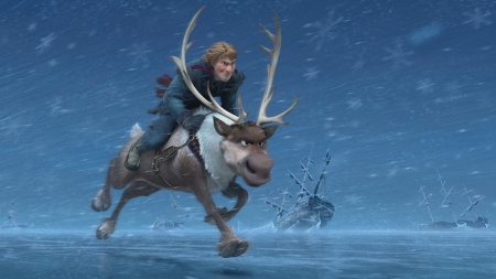 Frozen (2013) - winter, blue, ship, snow, man, horns, ice, frozen, animal, movie, reindeer, disney