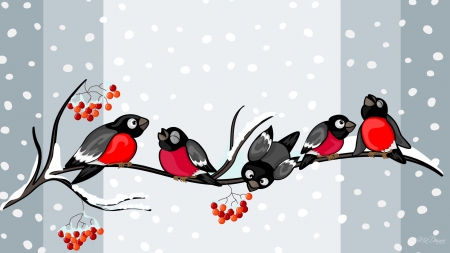 Caroling Winter Finches - winter, christmas, bull finches, berries, feliz navidad, singing, music, birds, snow