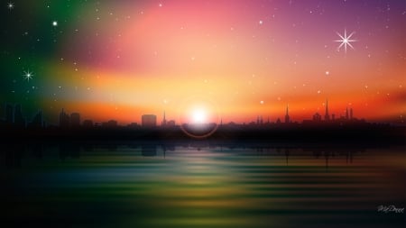 Bright Sky Light - water, sunshine, city, stars, river, sunset, day break, skyscrapers, flare, sun, sky