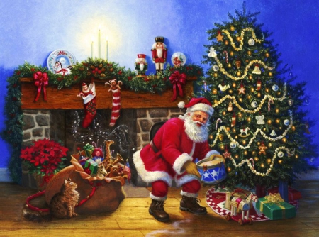 Santa's Work - christmas, gifts, artwork, ornaments, bag, tree, cat