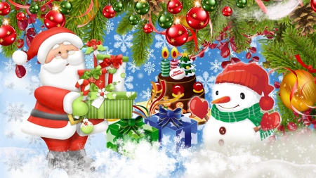 Santa and Snowman - christmas, winter, balls, artwork, ornaments, tree