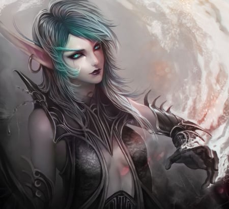 World of Warcraft - pretty, female, beautiful, beauty, lovely, dark, short hair, armor, elf, aqua, grey, lady, woman, video games, art