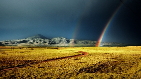 Rainbow - nature, mount, rainbow, grass