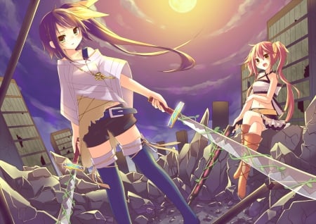 âš”|Samurai Girls|âš” - girls, pig tails hair, sun, destruction, brown boots, sunset, yellow hair, challenge, evening, window, orange hair, short skirt, debris, building, ponytail, light, long hair, short pants, belt, black boots, war, samurai girls, hope, argument, ray, blush, sky, damage, broken, brown hair, rocks, calm, cloud, battle, clouds, anime, sword, yellow eyes, two, amane kurumi arts, high boots and socks, lovely, ahoge, bright, fight, green eyes, scenery, bandages