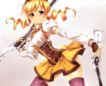 Tomoe Mami - mahou shoujo madoka magica, skirt, hat, long hair, gloves, tomoe mami, anime, guns, blonde