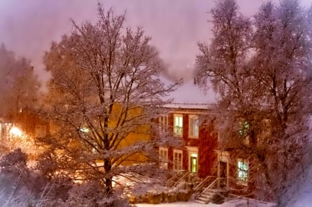 Winter - splendor, landscape, snow, sunrise, winter splendor, view, bench, sky, sun, clouds, trees, winter, beautiful, snowy, winter sun, beauty, colors, lovely, fence, tree, nature, sunset, winter time, peaceful