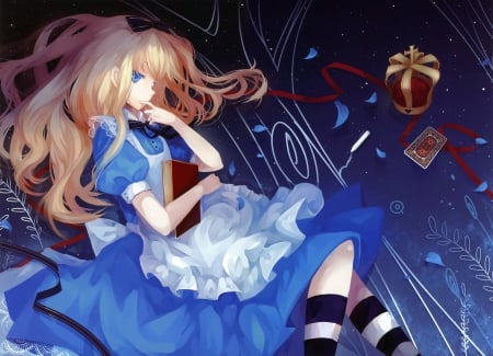 Alice in Wonderland [2] - Sweet, Black and White Socks, Crown, Dress, Mysterious, Lovely, Alice, Anime, Ribbon, Blue Dress, Long Hair, Fantasy, Blue dress and Eyes, Red Ribbon, Cards, Blonde, Beautiful, Stare, Child, Blue Eyes, Blue, Girl, White Apron, Frills, Wind, Red Book, Book, Magical, Dhiea, Black Ribbon, Wonderland, Clever