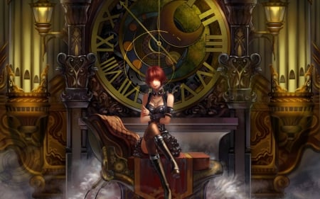 Mrs.Black - beauty, nice, female, anime girl, red eyes, cool, dark, pretty, game, clock, anime, short hair, skirt, red hair, cg, beautiful, sweet, awesome