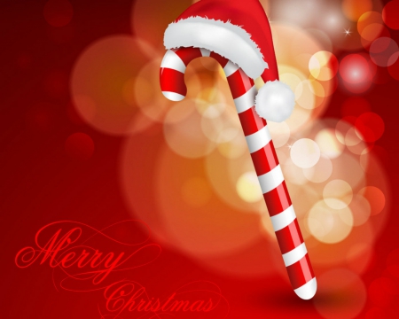 Happy Holiday - red, candy cane, hat, bokeh, christmas