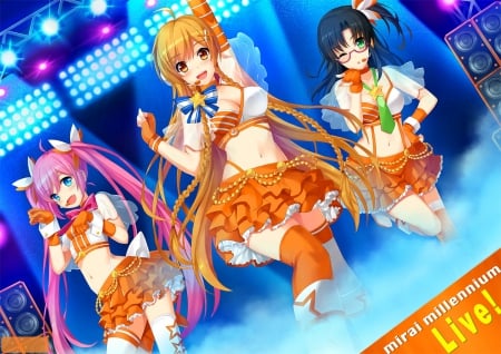 Kanata,Haruka and Mirai - tie, Suenaga Mirai, pretty, female, bloves, wink, green eyes, headphones, culture japan, friends, nice, anime girls, blue eyes, brown eyes, tonee, cg, cute, Suenaga Haruka, anime, cleavage, long hair, music, beauties, pink hair, game, skirt, twintails, beautiful, singer, blush, cool, brown hair, sweet, fang, braids, glasses, Hoshikawa kanata, awesome, black hair, navel, thigh highs, gloves