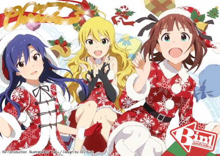 Haruka,Miki and Chihaya - pretty, female, green eyes, blue hair, friends, nice, anime girls, santa costume, brown eyes, cute, Idolmaster, Kisaragi Chihaya, anime, anime girld, dress, long hair, Amami Haruka, short hair, beauties, taku, hat, beautiful, Hoshii Miki, blush, blonde hair, cool, brown hair, sweet, christmas, idolmaste, smile, awesome, gloves