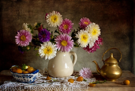 Still Life - teapot, flowers, lovely, vase