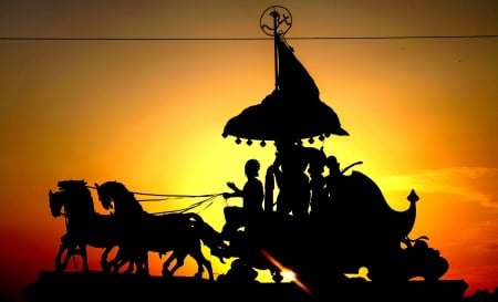 ARJUNA's CHARIOT( MAHABHARATA) - horses, arjuna, krishna, mahabharata, chariot, silhouette, mythology, sunset