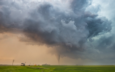 tornado crossing the prairie - tornado, car, clouds, prairie, road