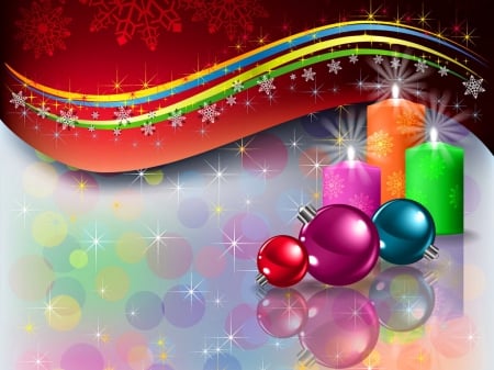 Christmas background - pretty, snowflakes, merry, reflection, happy, holiday, candles, nice, mood, winter, balls, flame, lovely, christmas, colorful, new year, ebautiful