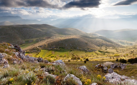 beautiful sun rays over mountainscape - clouds, sun rays, mountains, rocks