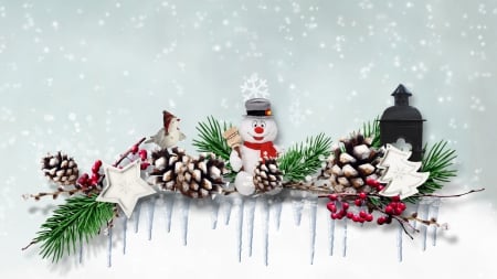 Christmas Noel - stove, icycles, bird, snowman, winter, snowflakes, Feliz Navidad, berries, cones, New Years, Christmas