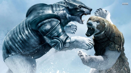 The Golden Compass (2007) - bear, fantasy, winter, the golden compass, blue, fight, movie, Iorek Byrnison