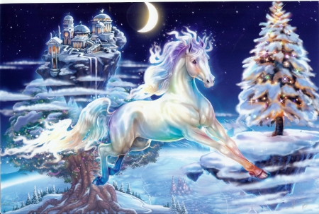 Winter fantasy - moon, night, winter, fantasy, christmas, fir, white, horse, castle, snow, blue, tree