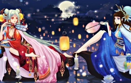 Geishas - moon, anime, water, geisha, blue, girl, fan, pink, lantern, manga, teddy yang, red