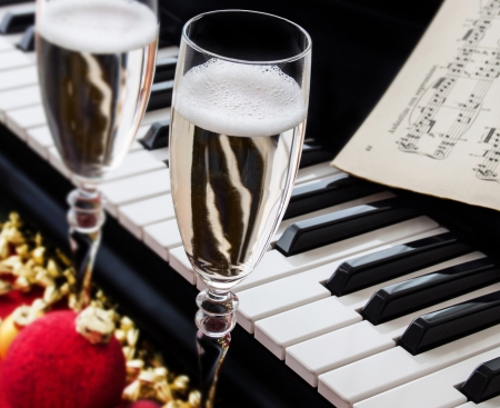 Happy Holidays - piano, christmas balls, happy new year, balls, holidays, christmas, music, champagne, glasses, new year, magic christmas, xmas, merry christmas, happy holidays