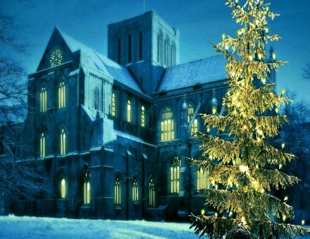 Church at winter christmas evening - christmas, evening lights, church, blue