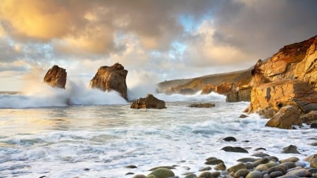 awesome view of a rocky sea coast - clouds, surf, coast, waves, sea, rocks