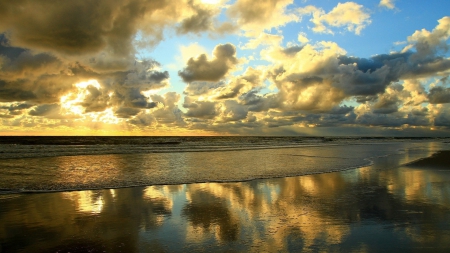 golden ocean sunset - beach, reflection, clouds, sunset, sea