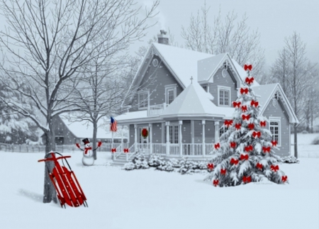 Snow - red, snowman, winter, snow