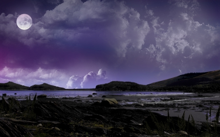 purple shore - moon, stunning, silky, shore, purple, hd, lake, color, mountains