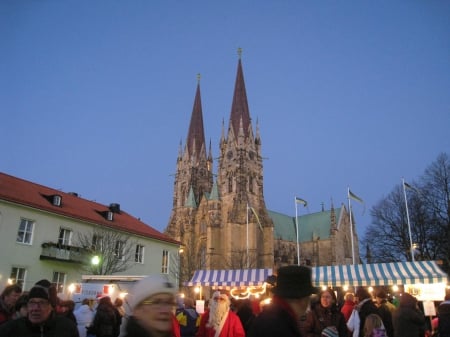 Skara Cathedral - cathedral, house, trees, people, town, evening, sky