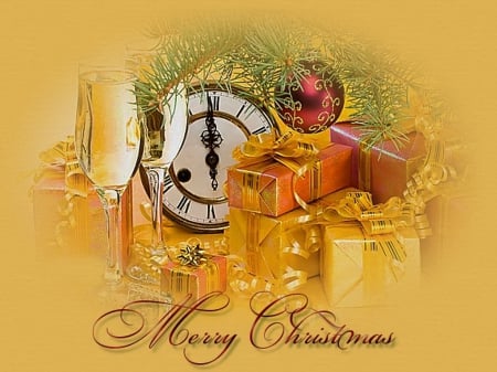 Golden celebration - decorations, clock, golden, wine, christmas