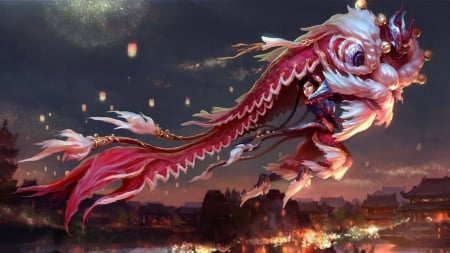 Dragon festival - fantasy, dragon, lady, paper, lantern