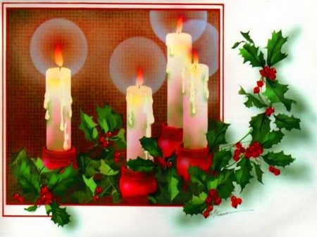 The glow of Christmas - red, green, holly, candles, Christmas